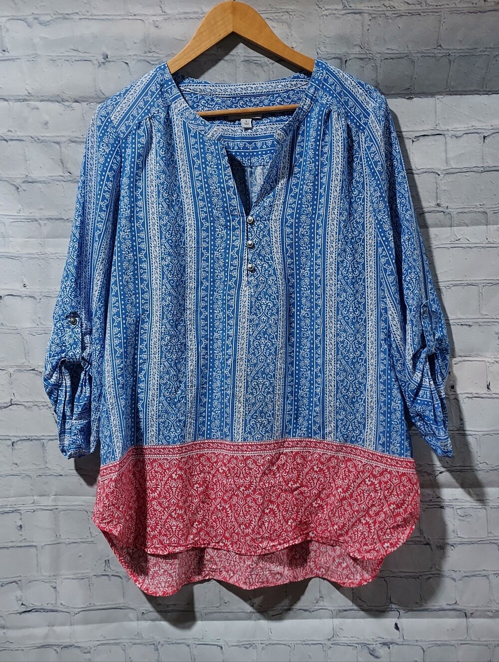 Kim Roger's L Boho Tunic V-neck Roll Tab Sleeves Prairie Western